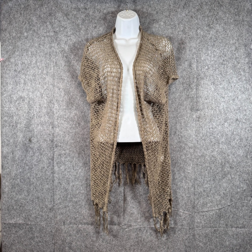 Crochet Open Knit Caftan Cardigan Womens XL Beige Fringe Beach Coastal Boho